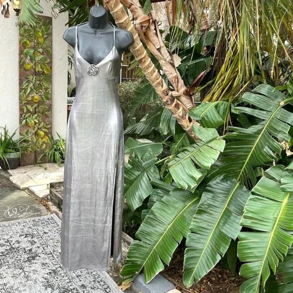 Emerson Lang Moulton metal silver slip dress with high front slit